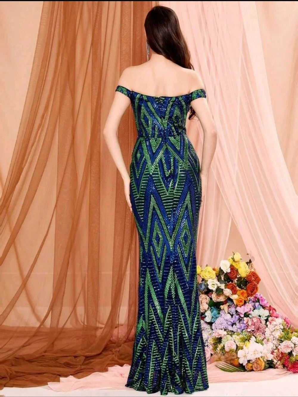 Off-Shoulder Navy and Green Sequin Evening Gown